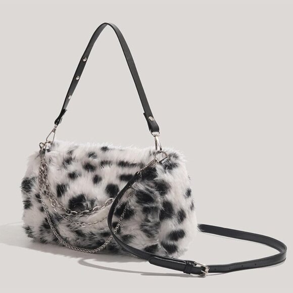 Elegant Leopard Print Shoulder Bag - Plush Crossbody Purse with Chain - 10.2" - Picture 4 of 6